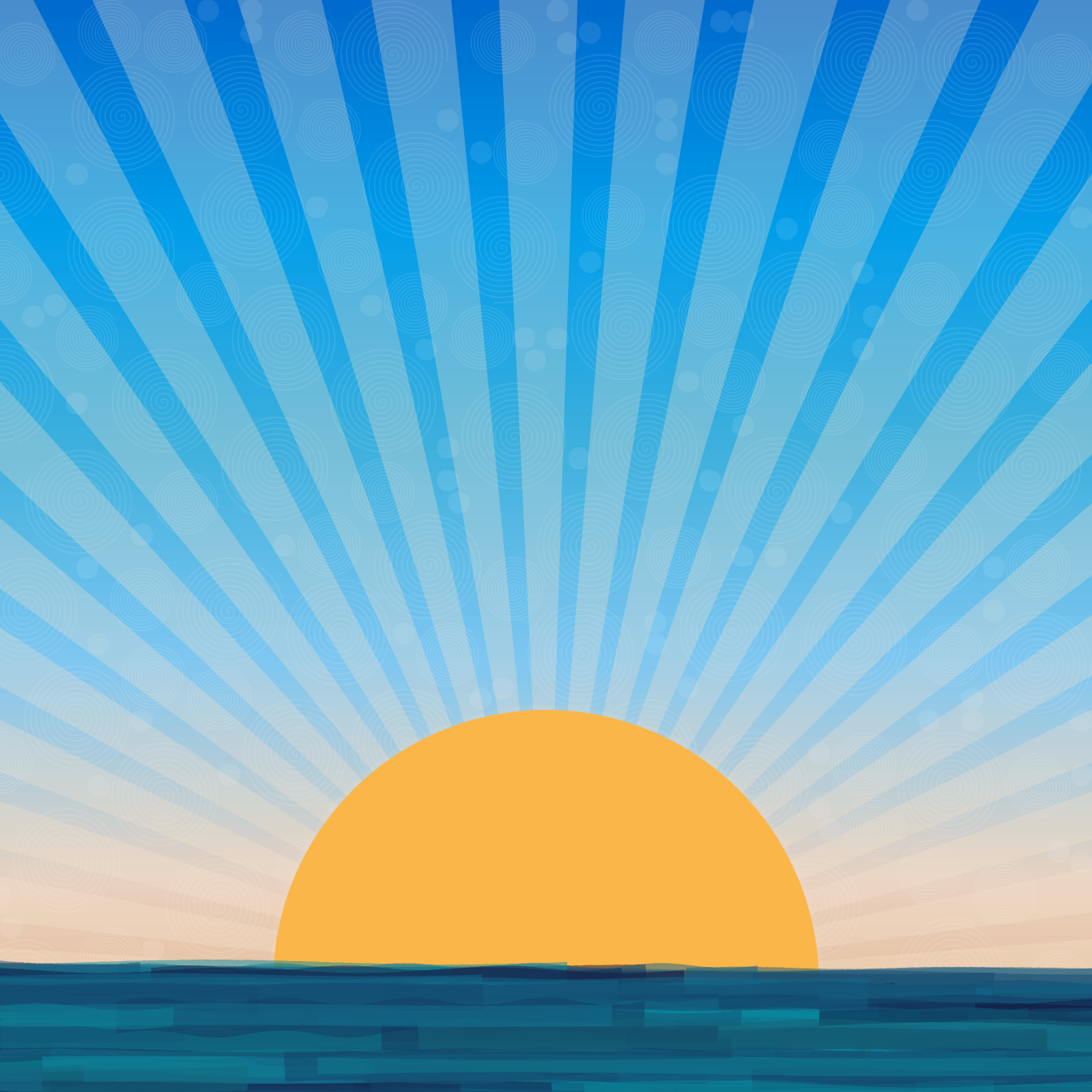 The completed vintage sunset artwork featuring all five layers: a  gradient sky from orange to blue, white swirl overlay texture,  radiating sun rays, a bright orange sun, and stylized water waves  in the foreground. The waves appear as layered, semi-transparent  teal and blue curved shapes created using artpack's wave_data  function, completing the retro sunset scene. The final image has  a clean presentation with axes and labels removed.