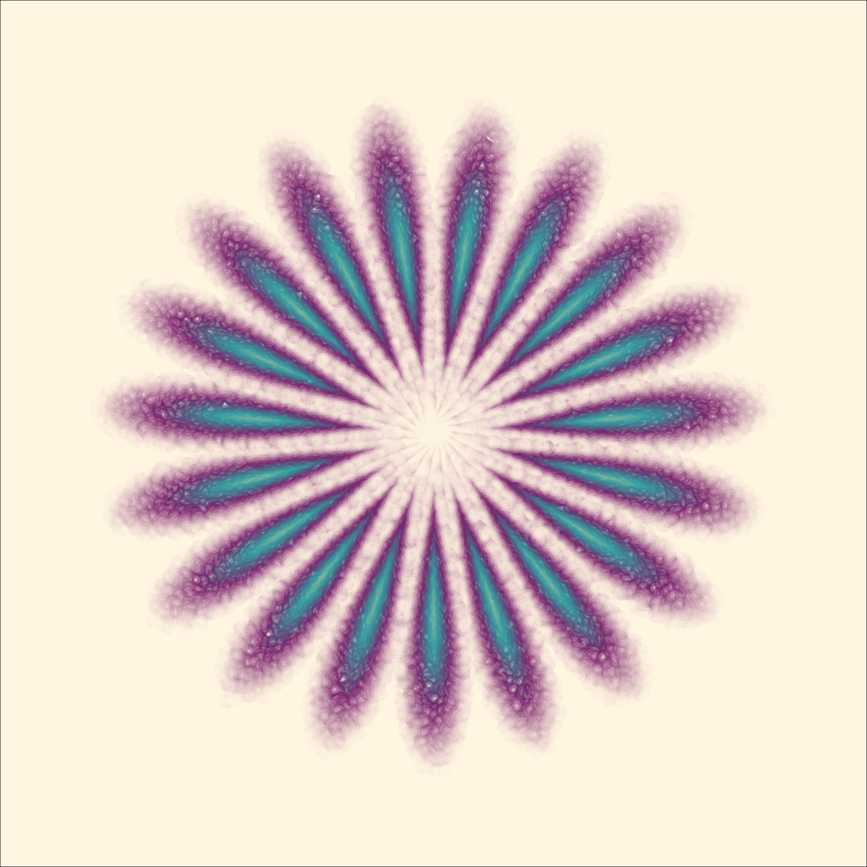 An image of a textured flower. Each petal has a purple border with blue in the center on a beige background. Smaller circles make up the image and give the illusion of texture.
