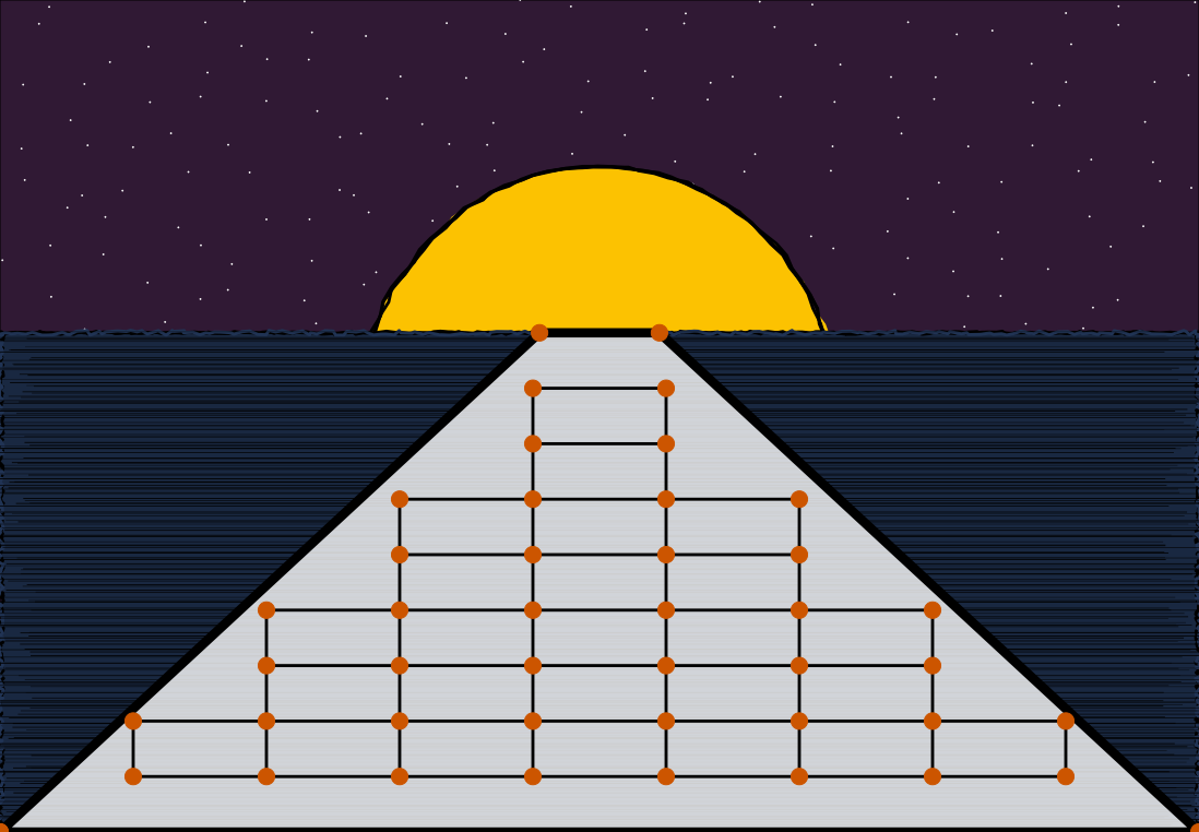 An nighttime landscape with a yellow half moon and purple night sky in the horizon. In the foor ground is a forced perspective of a dark ground and an unfinished white area where a trail is supposed to be. In its place is a grid with orange circles at each square's corner.