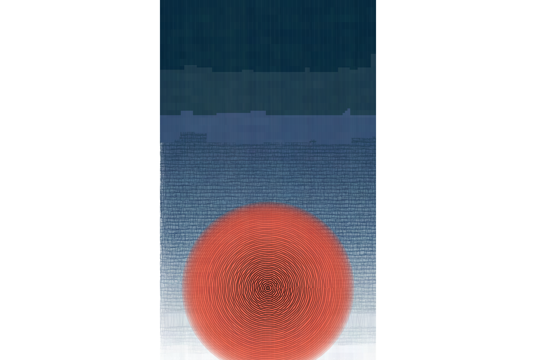 An image that samples the movie poster for Inception's color palette. three areas of blue bars are coming down from the top of the image. A jittering grid is in the background. The background color is a gradient that fades to white towards the bottom of the image. The focal point is multiple red circles of varying sizes that lie together in one big circle near the bottom of the image.
