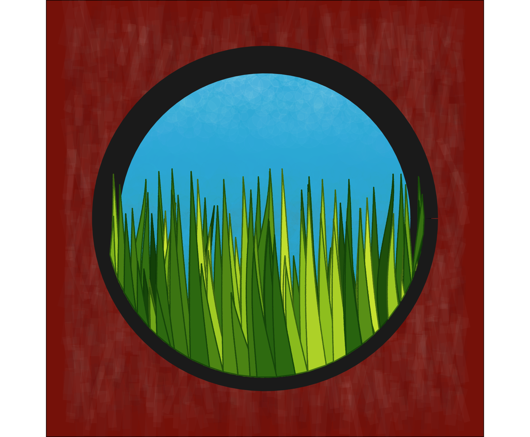 An image of grass blades up close outside with a sky and some clouds within a black circular frame in the center. The background is a patterned red color.