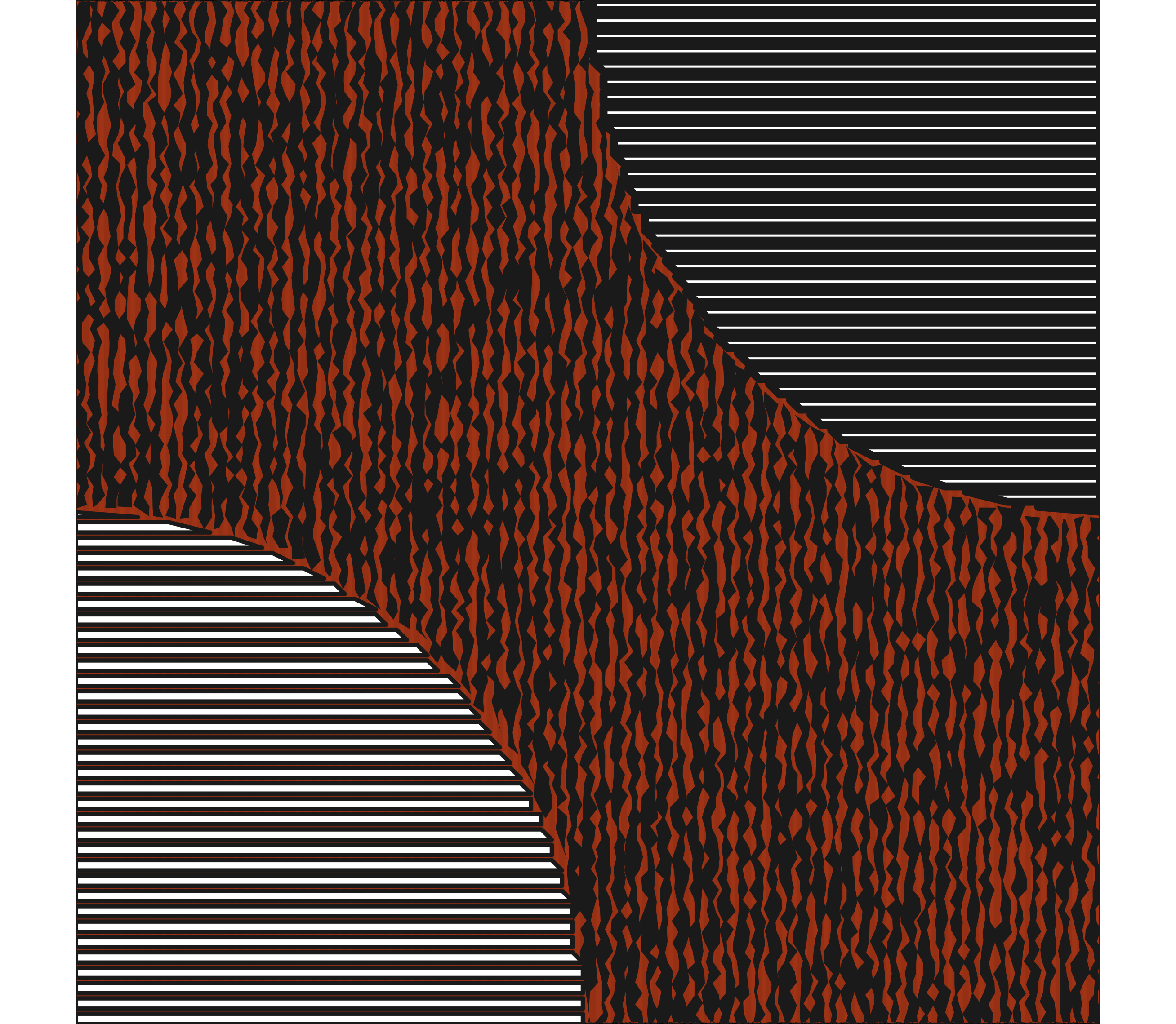 An image of two black and white striped quarte circles in the bottom left and top right of the image. The background of the image is filled with thick, distroted red and black lines.