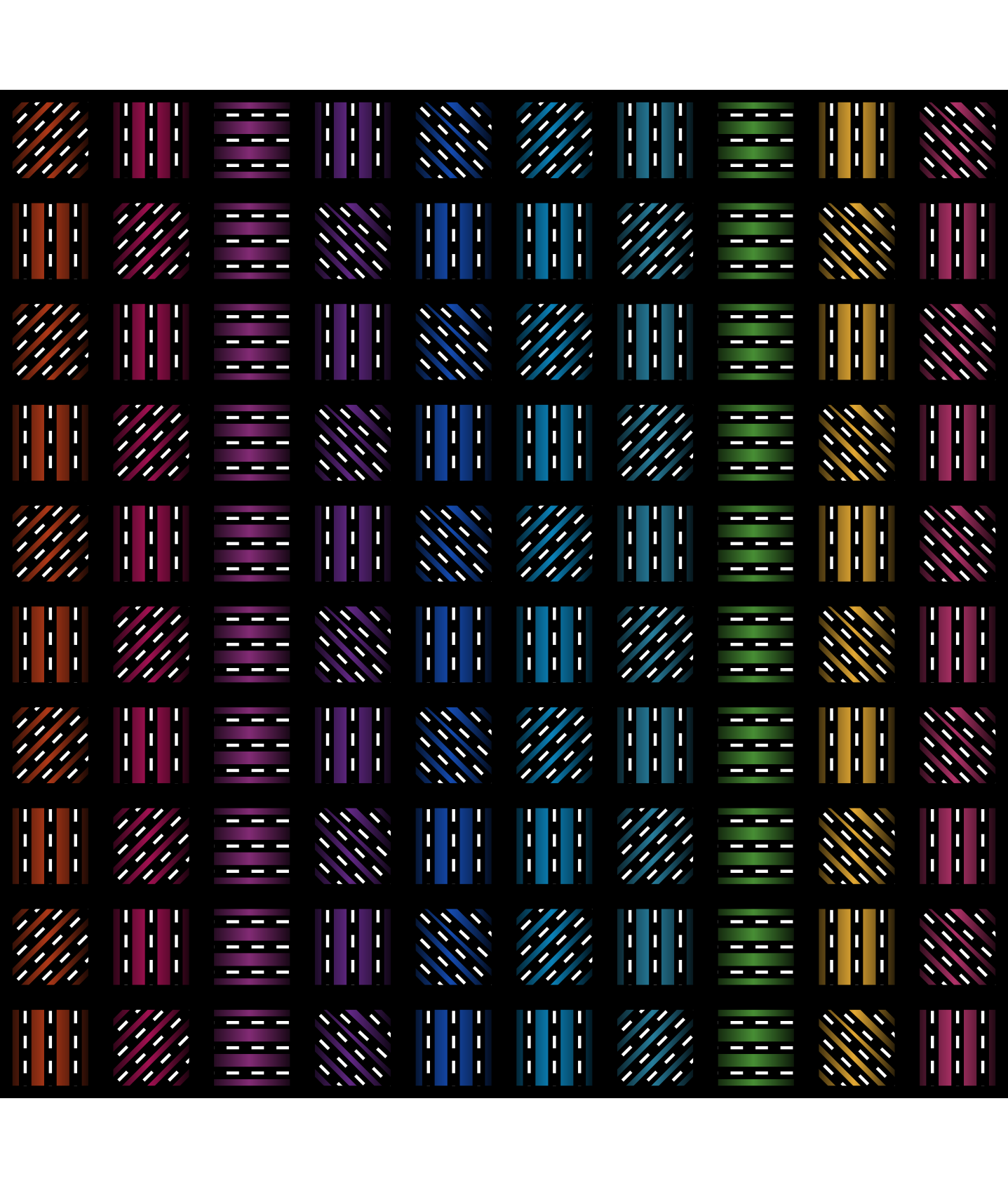 An image a black grid filled with rainbow colored tiles. Each title hase varying line patterns of thick black lines with striped white lines in the center moving in a vertical, diagonal, or horizontal pattern.