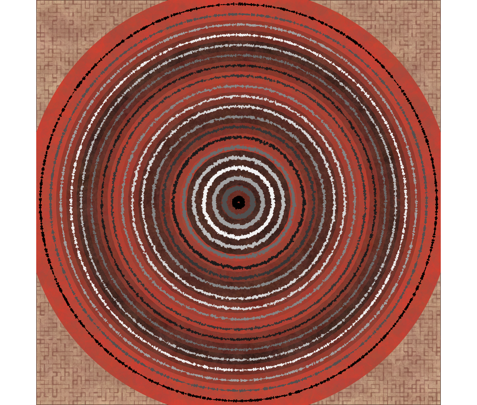 A mostly red circle with different layers of black and white indescribable text on a beige background with a faded grid texture
