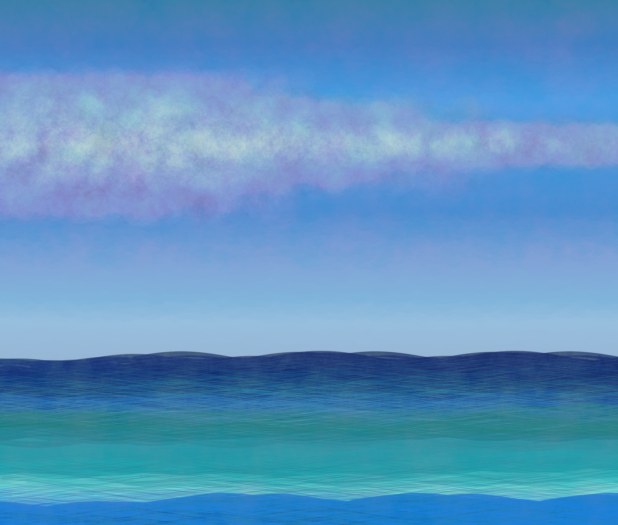 a generated image of an ocean in the daytime, with clouds hovering over it.