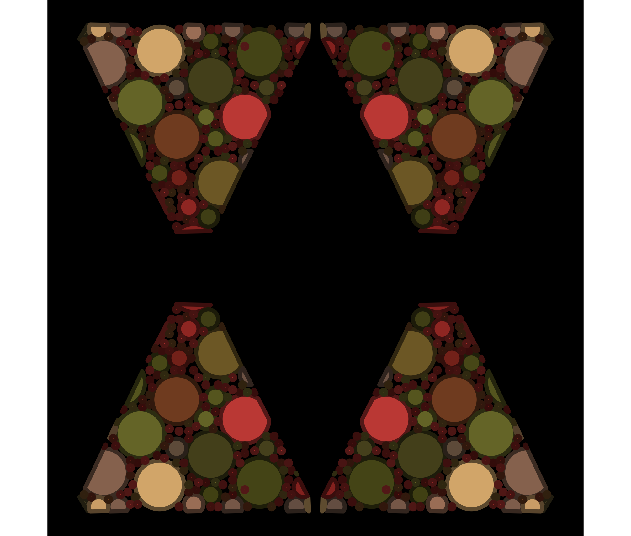 A group of nature-colored (greens, red, beiges, browns) circles packed into two triangles and reflected to look like 2 hourglasses.
