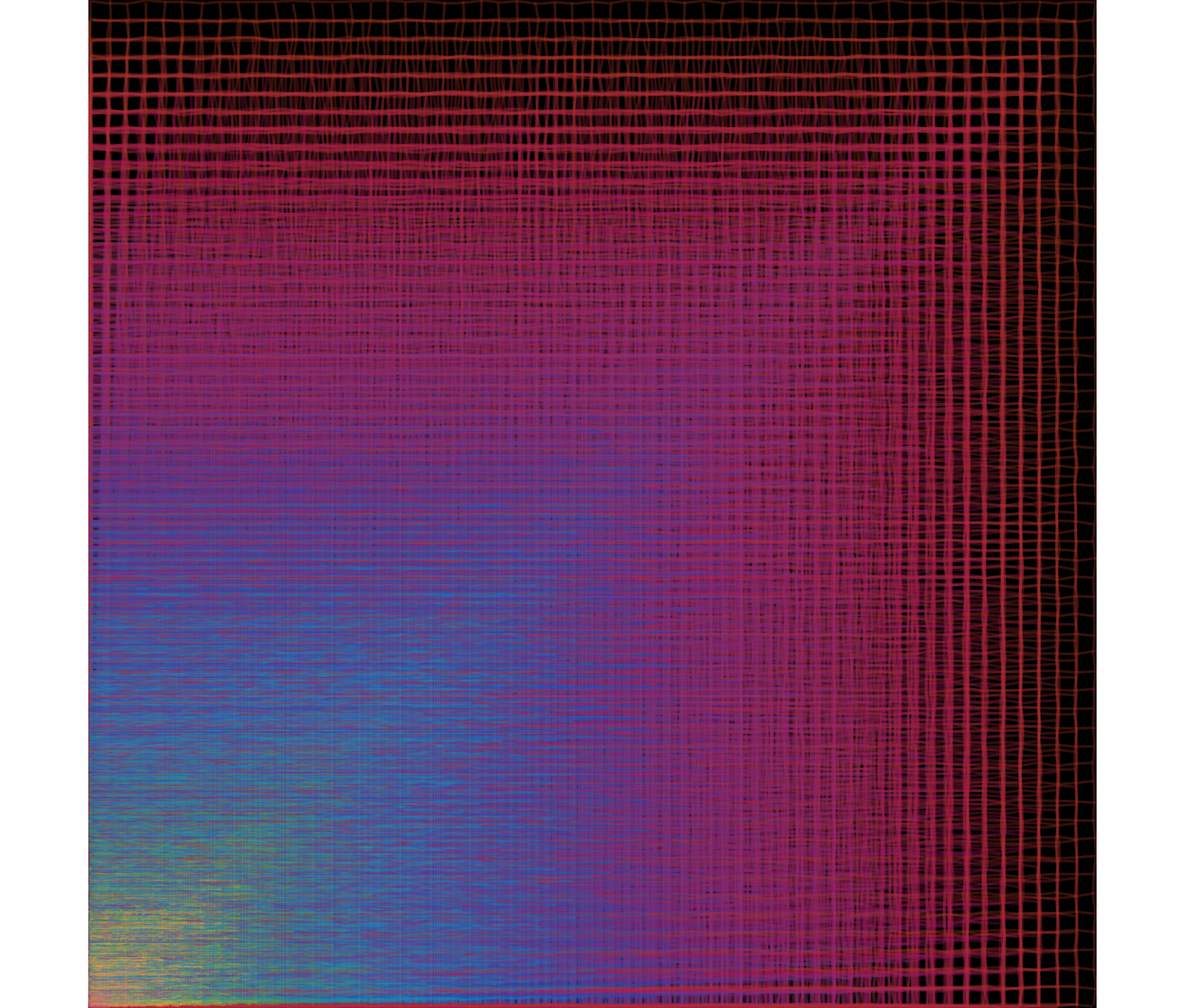 A generative art piece of a small square grid of rainbow colored lines that has been blown up and layered over each other multiple times on a black background. The lines appear to be a bit distorted.