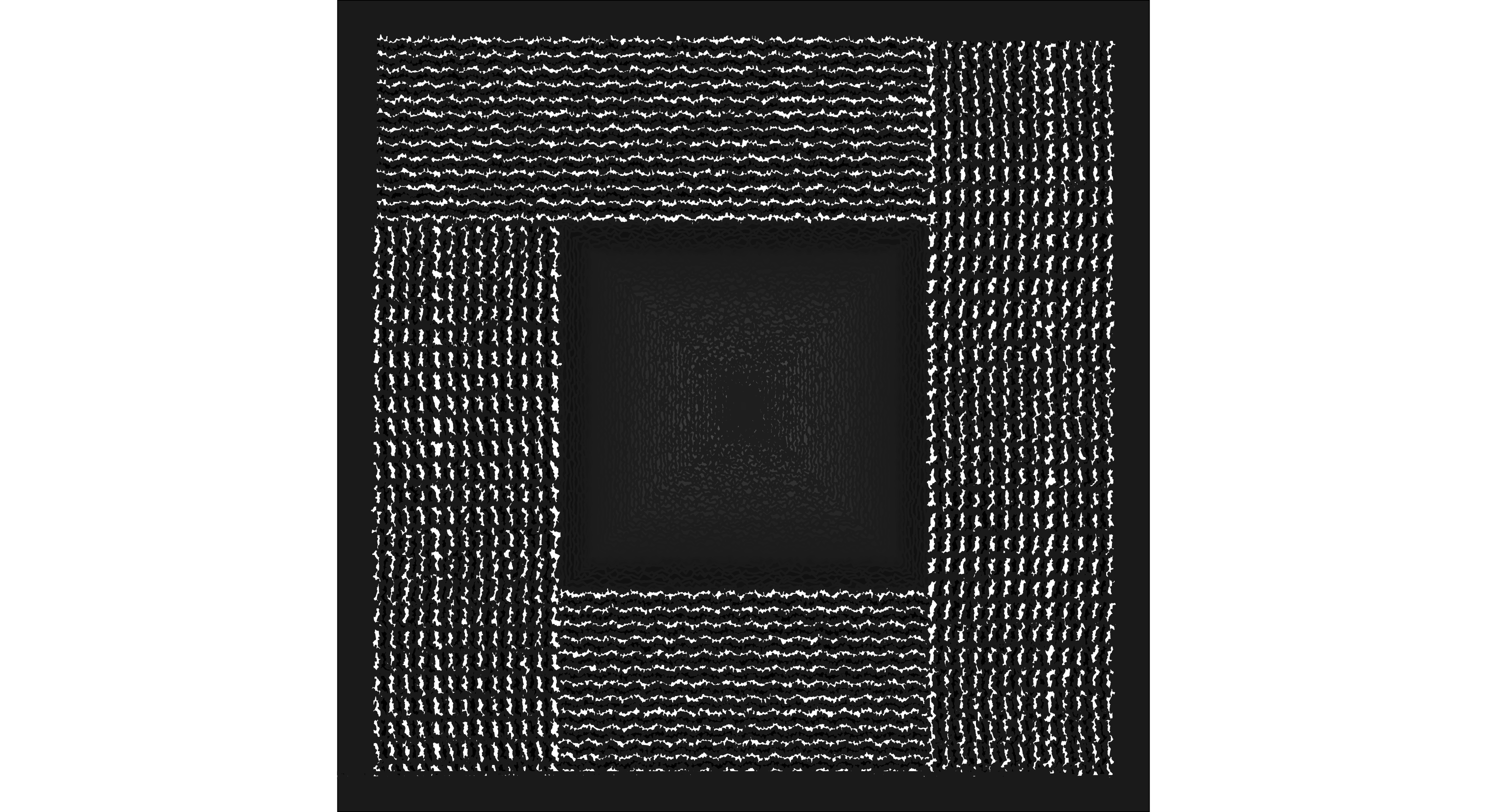 A generative image with four sets of white and black distorted waves that make a square. In the center in a distorted black abyss.