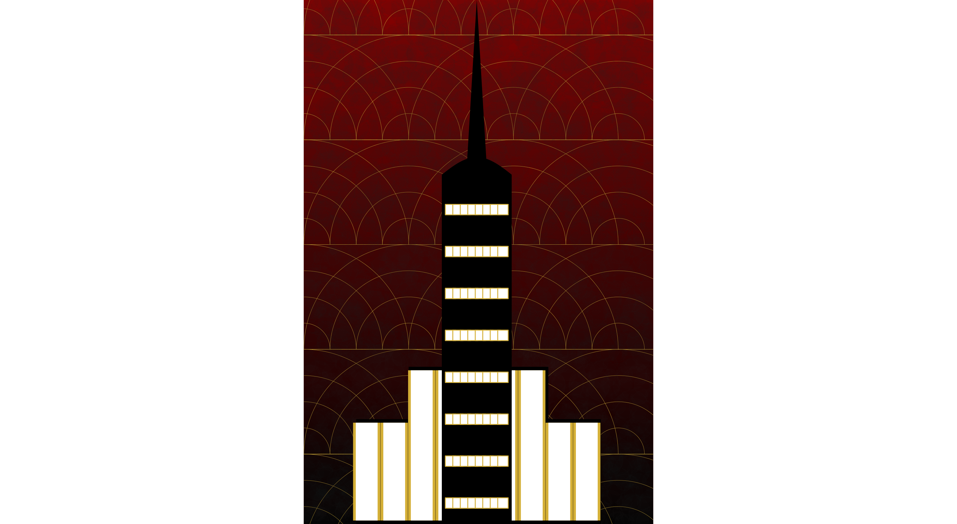 A silhouette of an art deco-styled skyscraper with gold accents. With a gold patterned design and dark red gradient in the background.