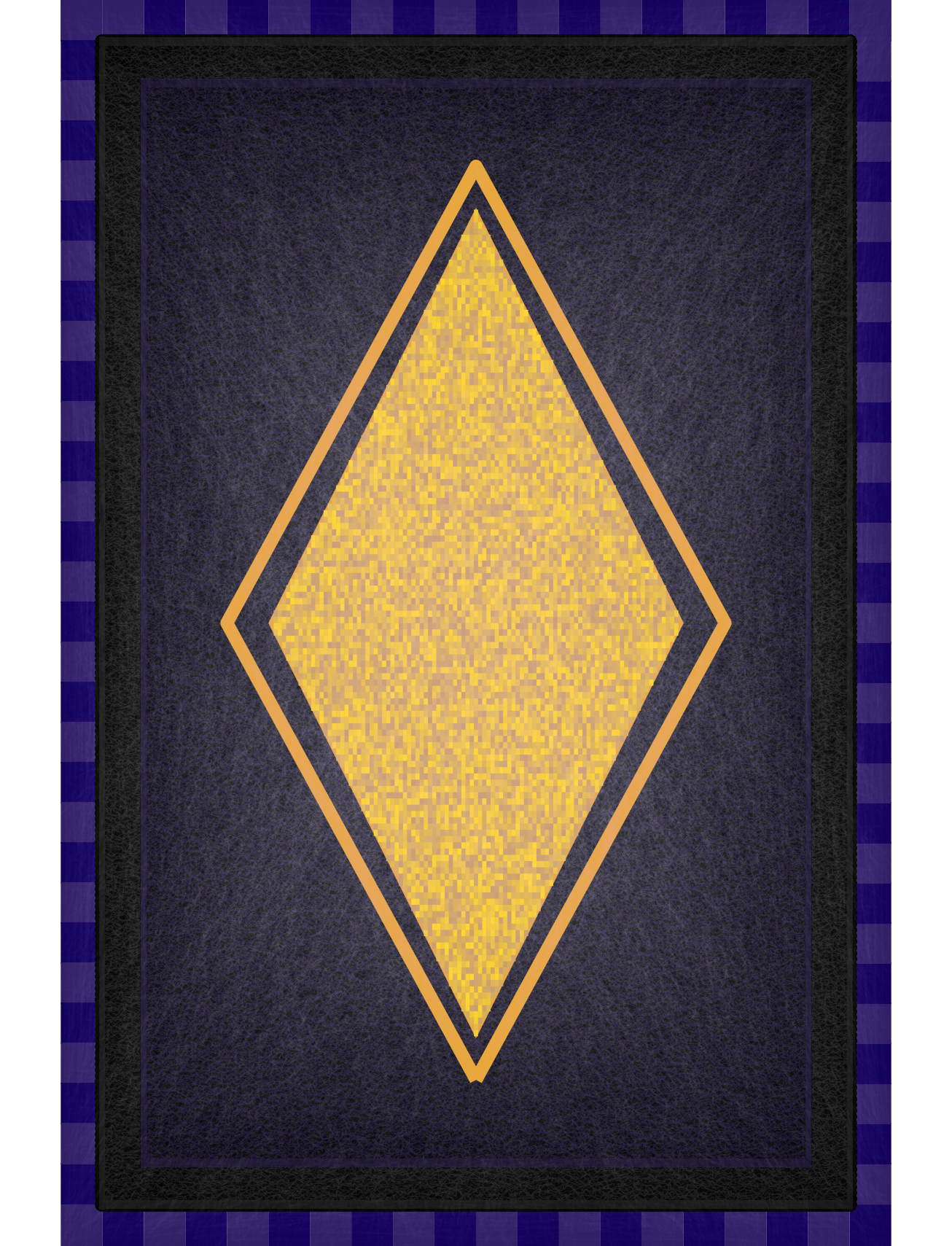 A generative art piece that is designed as a blue rug. The border is checkered with varying blue squares, the center is dark blue with a single textured gold diamond in the center. A black border is around the dark blue section of the rug.
