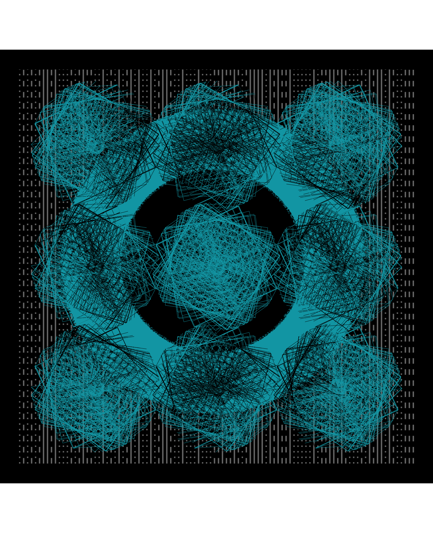 An abstract generative art piece with nine moire patterned turquoise diamonds in a grid. The background is black with faded and varied white patterned lines. In the center behind the diamonds is a turquoise donut shape.