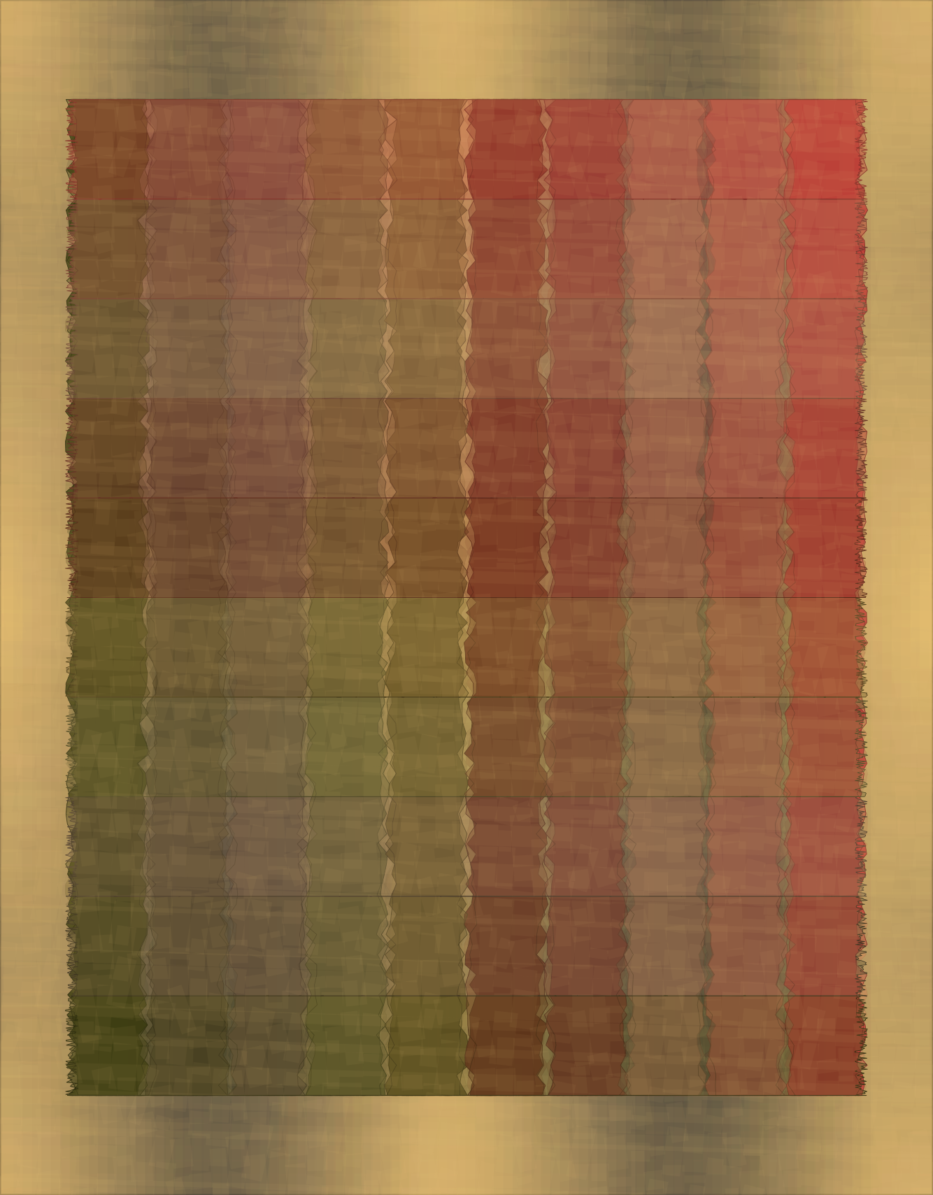 A generative art piece that shows various strips of textured fabric with various autumn-like colors (greens, reds) on a light tan gradient background.