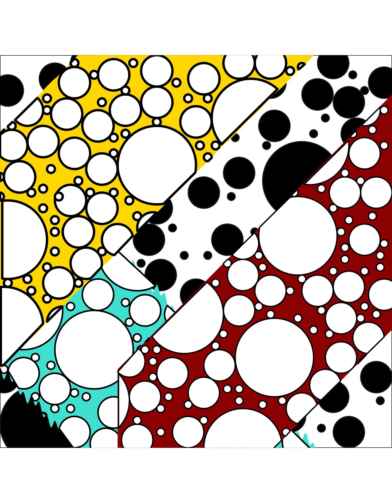 A generative image of various clusters of black and white packed circles. on white, yellow, turquoise, and red strips of color.