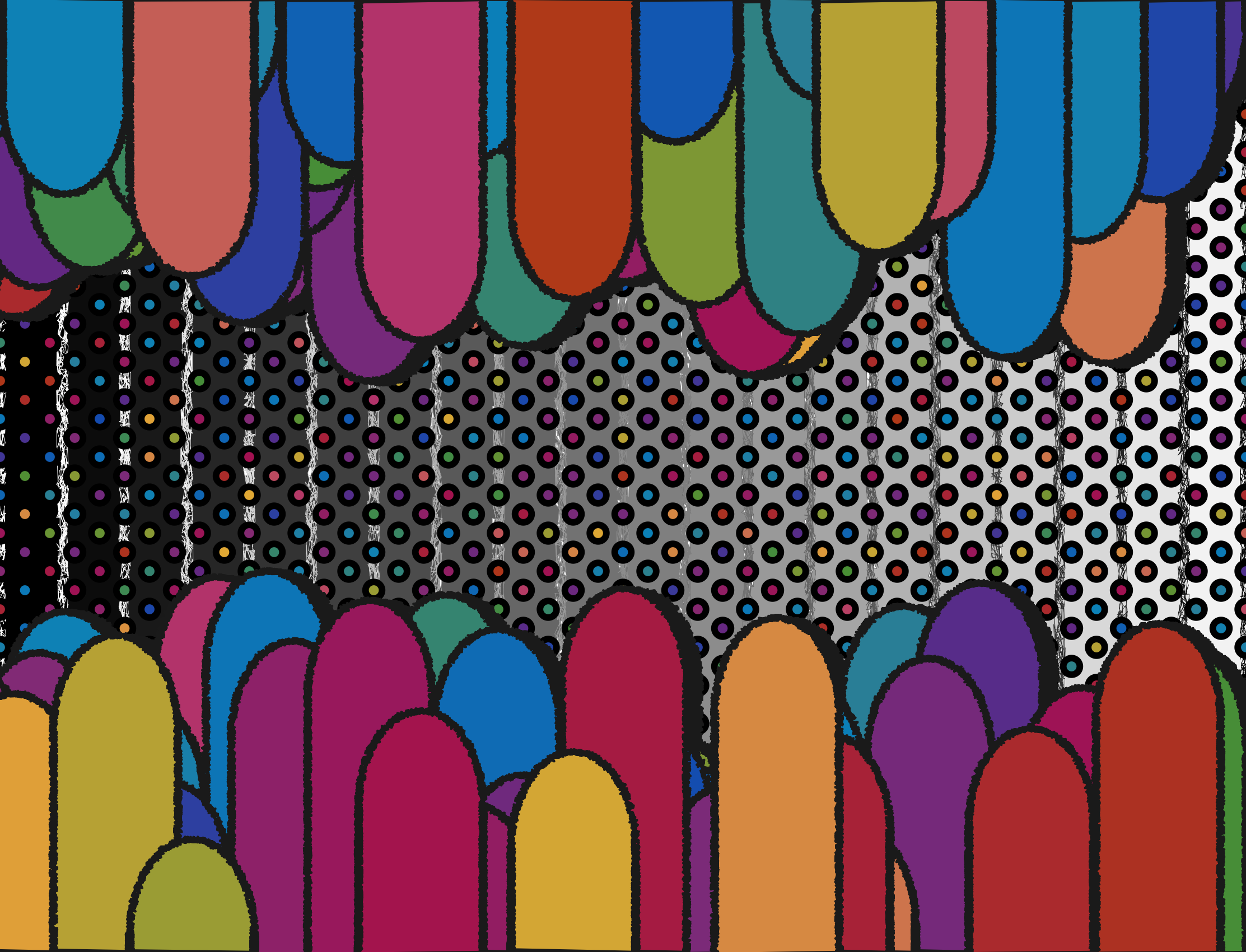 A generative image with multiple rainbow finger-like shapes dropping from the top and rising from the bottom on a black and white gradient and rainbow-colored polka dots.
