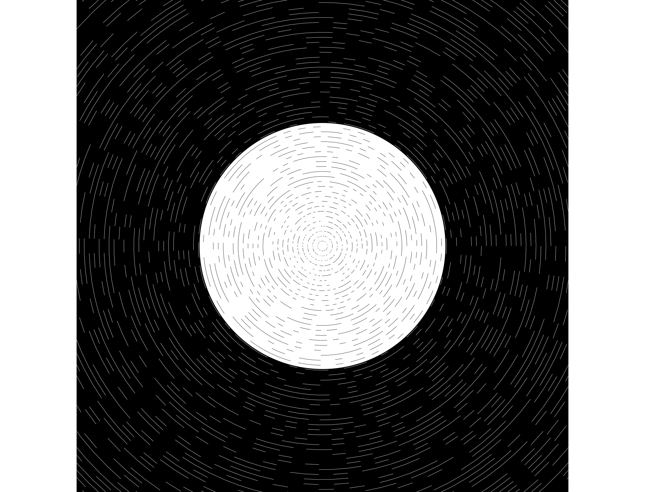 A generative image of a white moon in a black night sky. The moon has simple circular lined patterns. The night sky has a similar circular pattern but in white.