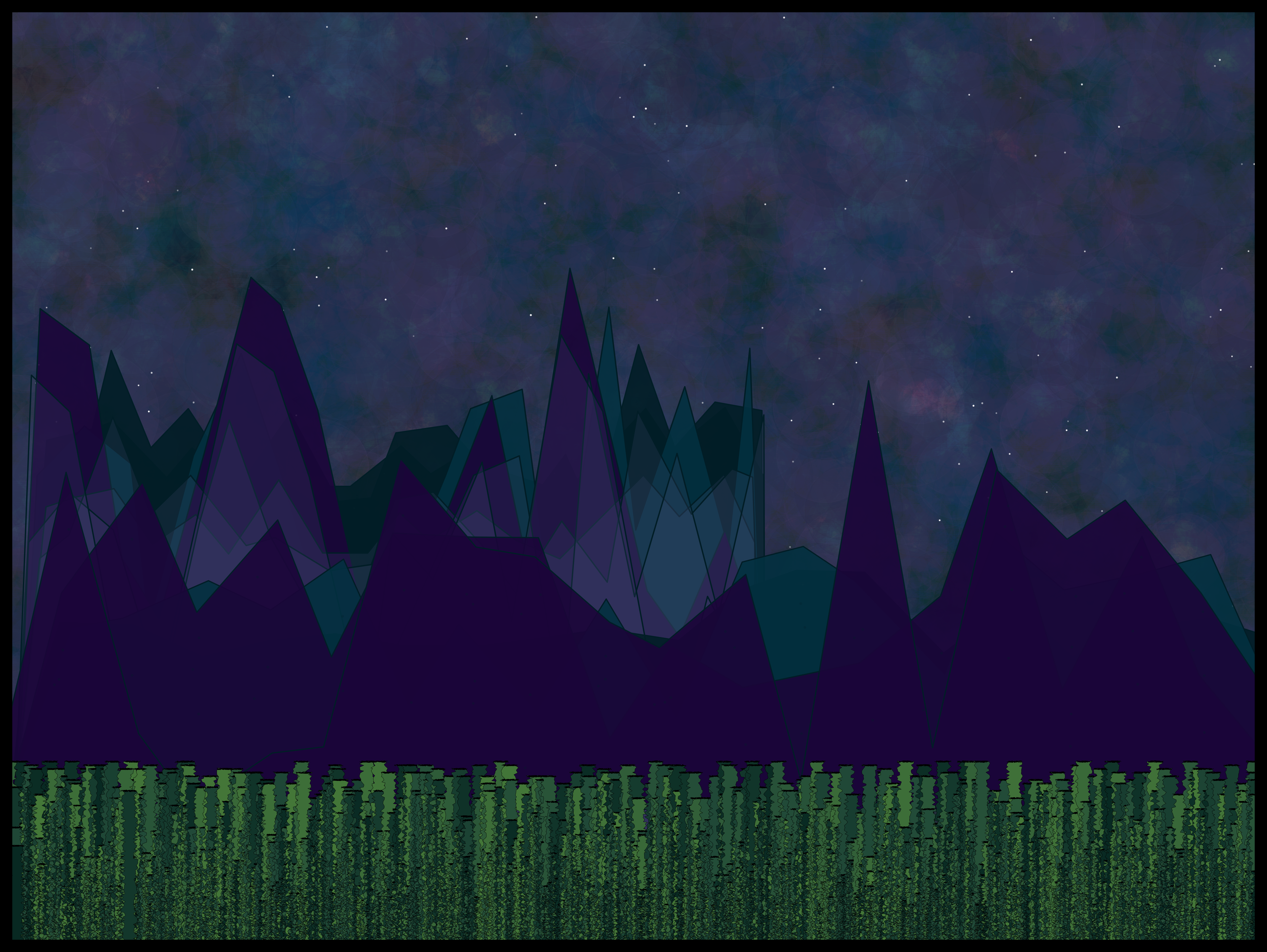 An updated image of an old piece by Meghan Harris called mountains. A landscape of a textured night sky with stars in the background, multiple polygon-shaped mountain ranges, and detailed trees in varying shades of green in the foreground